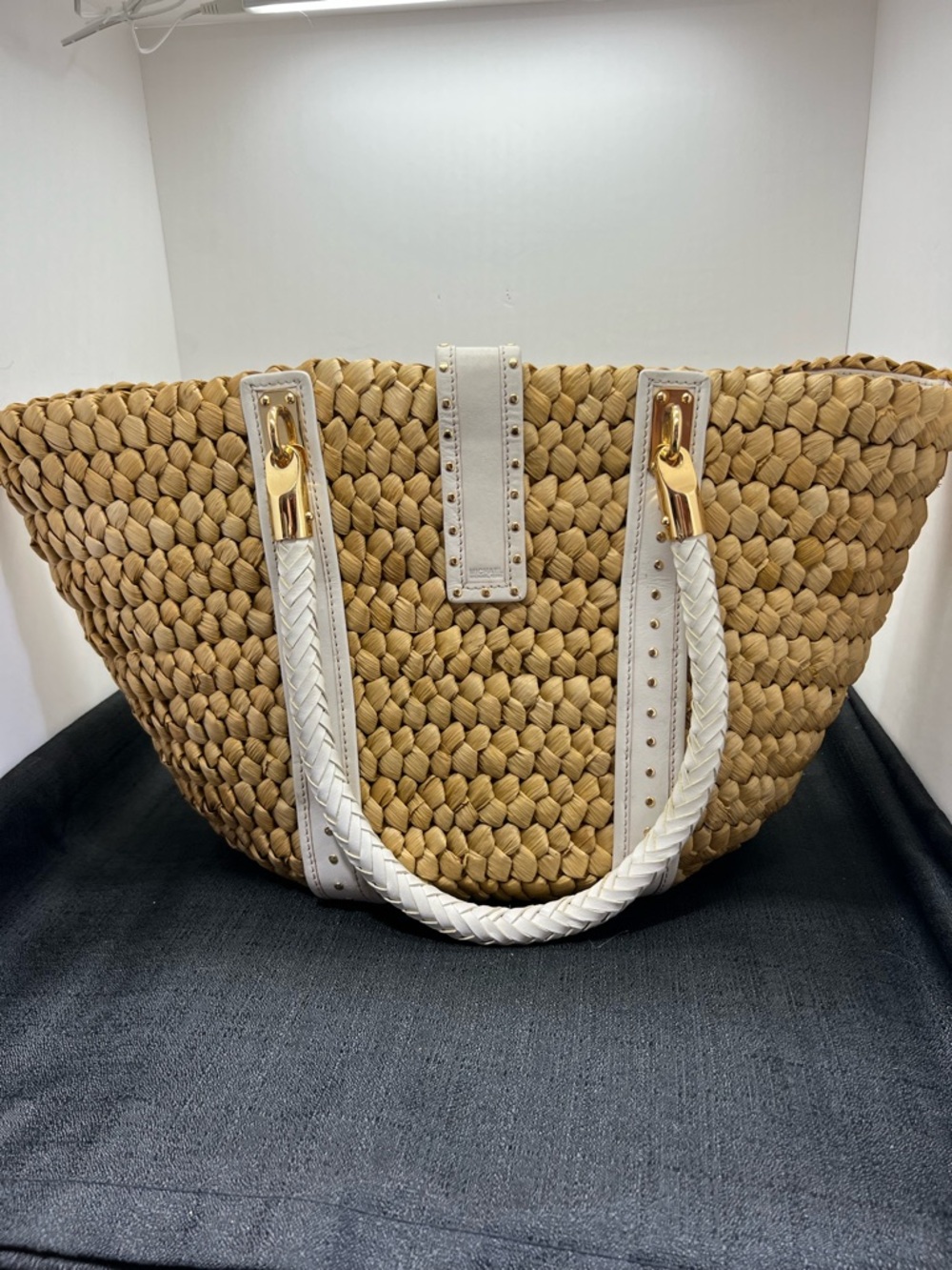 Michael Kors Santorini Woven Straw Tote Ivory Leather Trim Large Bag - Picture 4 of 11